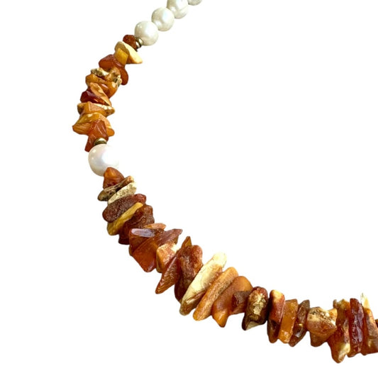 Necklace - Freshwater Pearl Natural Baltic Amber and Brass