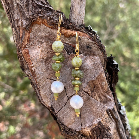 Earrings - Freshwater Pearls, Natural Peridot and Light Green Serpentine