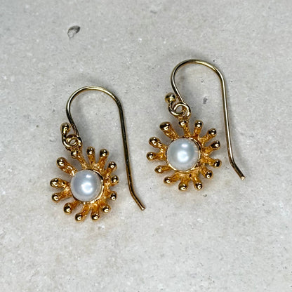 Earrings - Anemone Hooks, Yellow Gold Finish and White Pearls