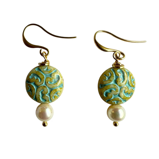 Earrings - Freshwater Pearls with Round Green Chez Glass Bead