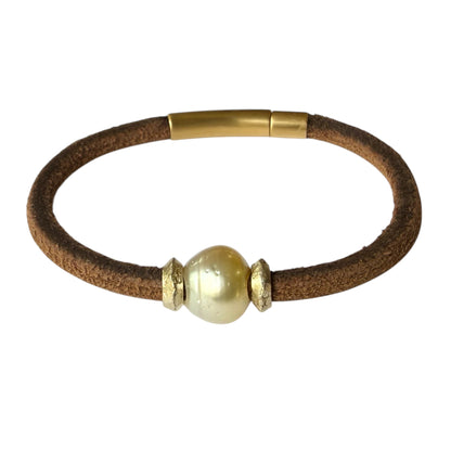 Bracelet - 13.5mm South Sea Champagne Pearl on Brown Leather