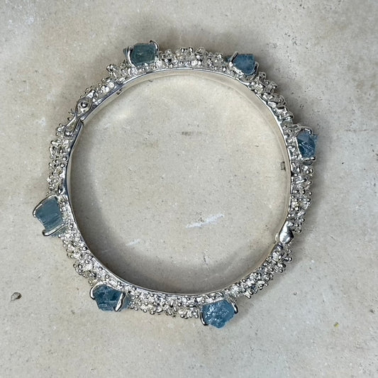 Bangle - Anemone, Sterling silver, with Raw Aquamarine, Blue Sapphire and Blue Topaz