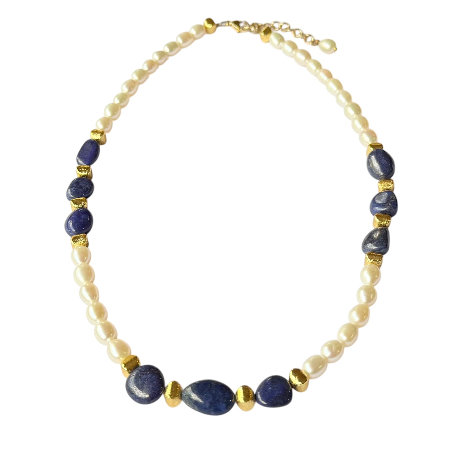 Necklace - Fresh Water Pearls and Natural Lapis Lazuli, Gold Filled Beads