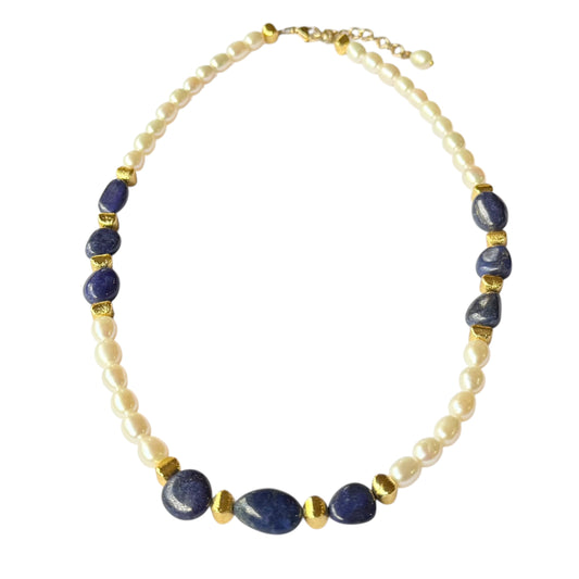 Necklace - Fresh Water Pearls and Natural Lapis Lazuli, Gold Filled Beads