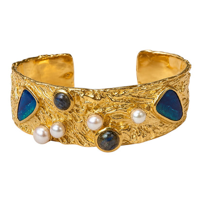 Bangle - Ocean Bed Cuff, Yellow Gold Finish with Australian Doublet Opal, Cabochon Cut Labradorite and Pearl