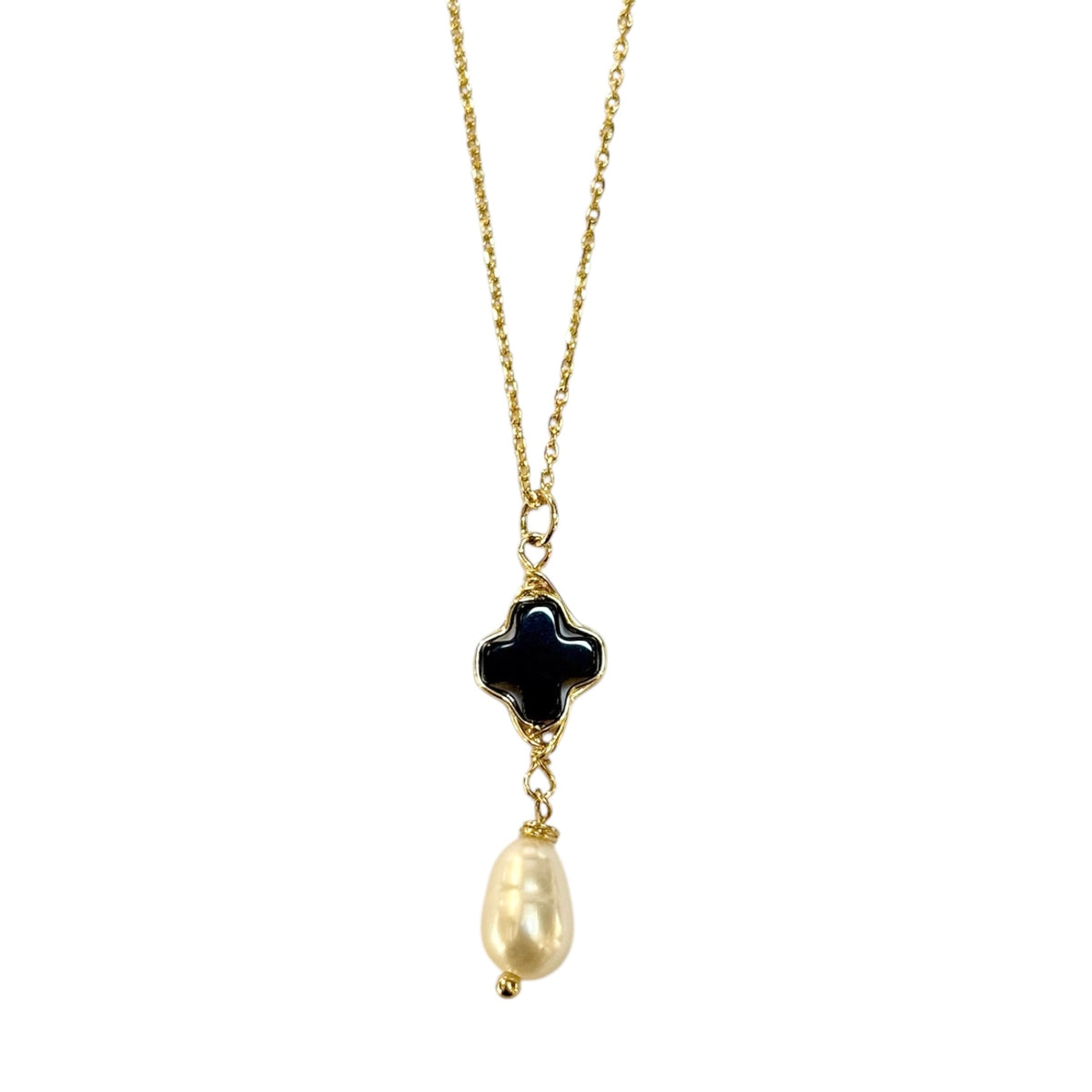 Necklace - 18ct Gold Plated Findings, Black Onyx Cross and Freshwater Pearl