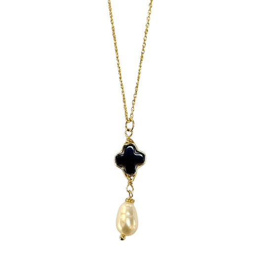 Necklace - 18ct Gold Plated Findings, Black Onyx Cross and Freshwater Pearl