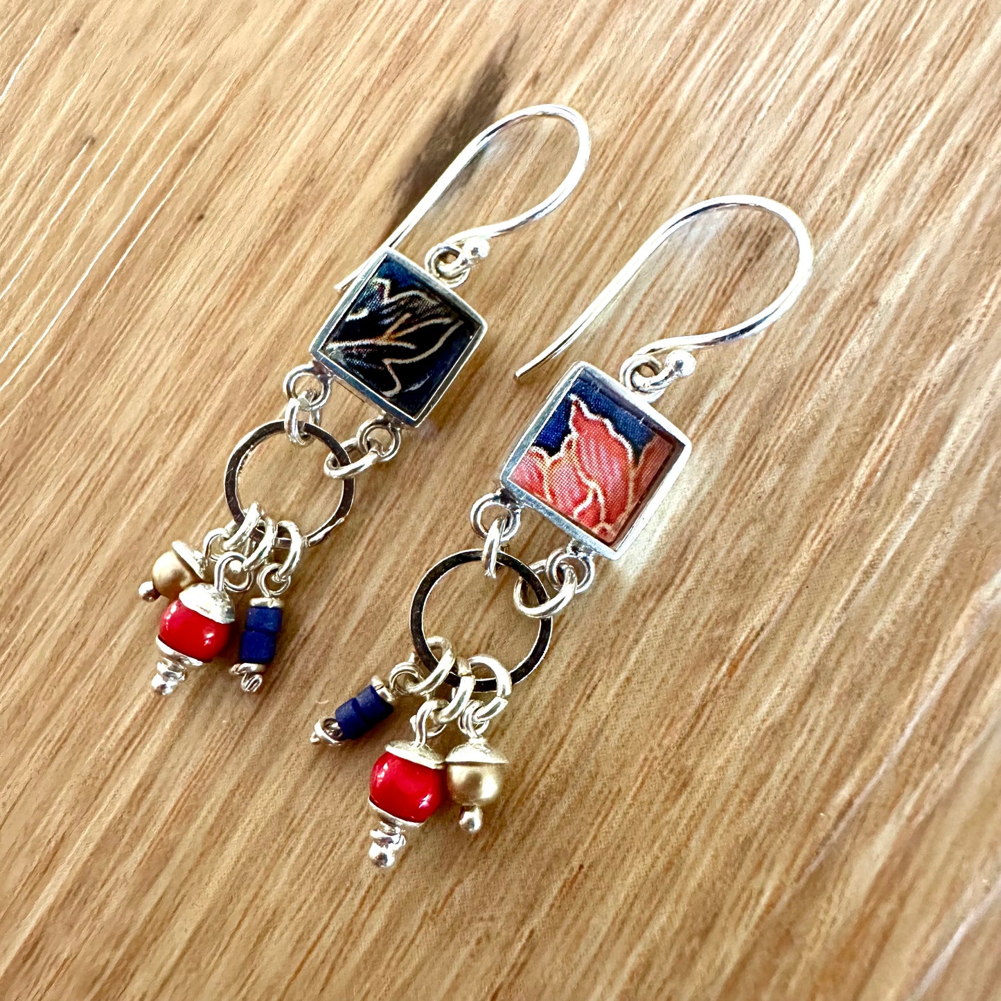 Earrings - Batik Blue and Red Leaves