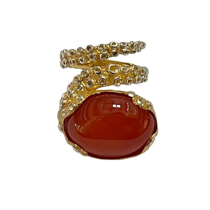 Ring - Octopus, Rhodium, Yellow Gold Accents and Carnelian