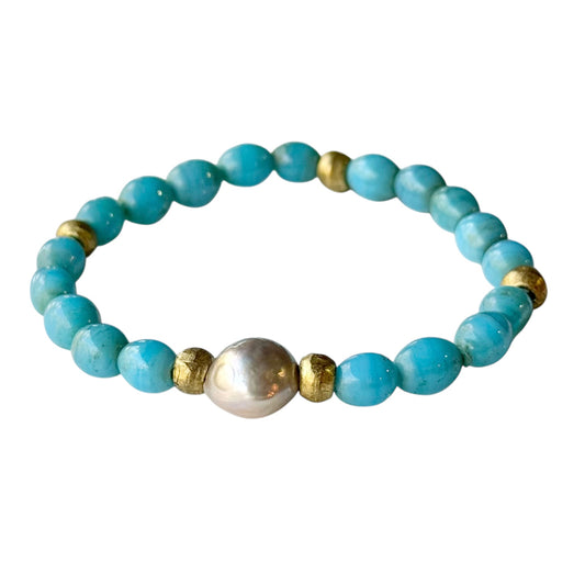 Bracelet - Blue Java Glass and Freshwater Pearl