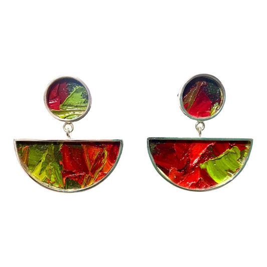 Earrings - Half Disc Oil Paintings Red and Green