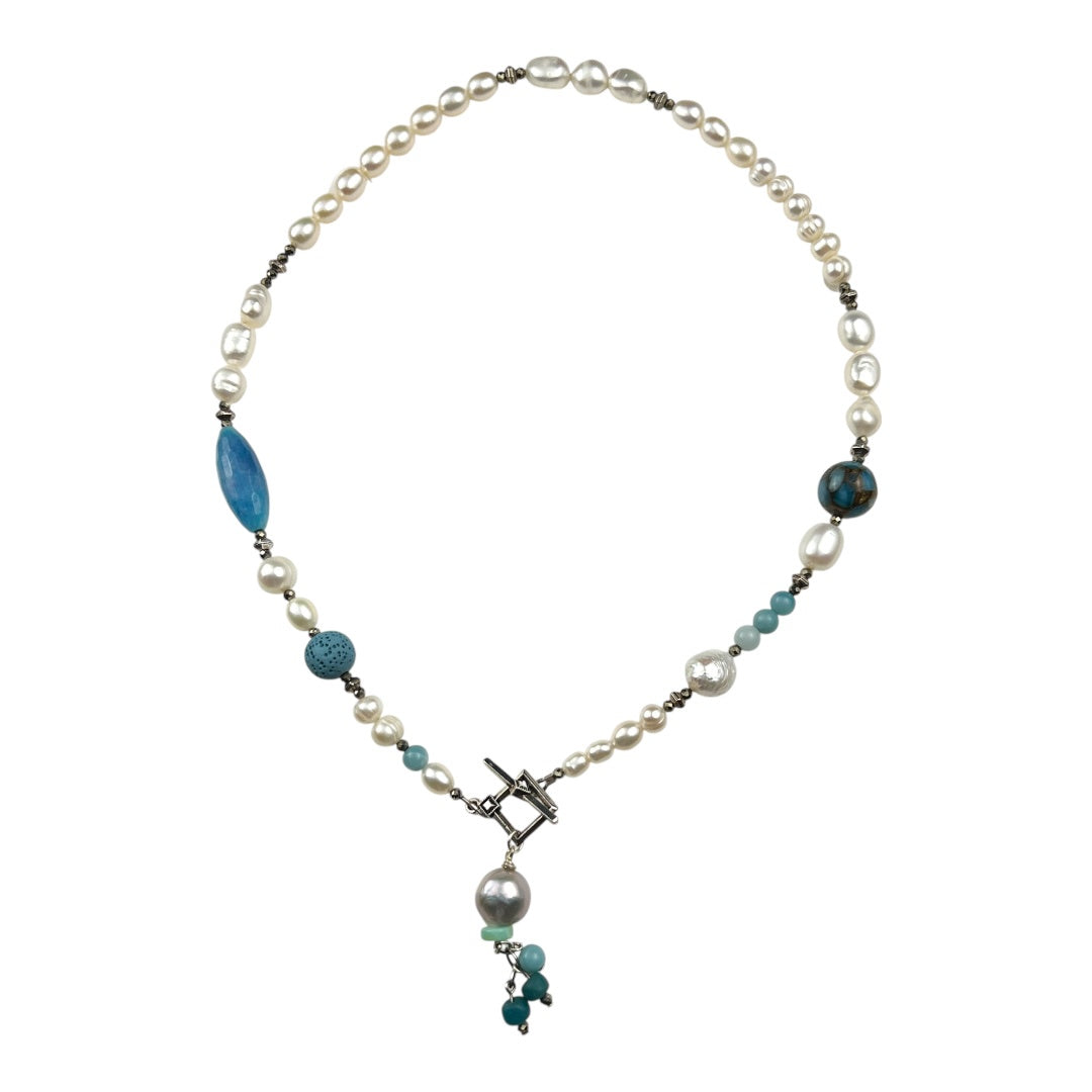 Necklace - Freshwater Keshi and Coin Pearls with Blue Gem Stone Beads
