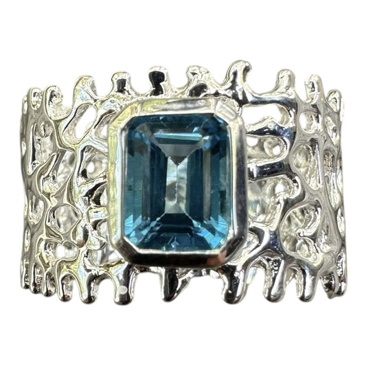 Ring, Fan of the Sea, Sterling Silver, Featuring Emerald Cut Blue Topaz