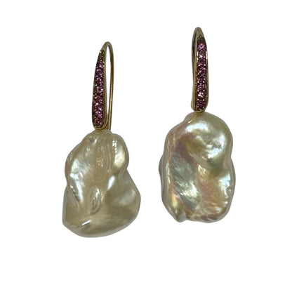 Earrings - Echoes of the Sea Baroque Pearl Drops, Rhodolite Garnet, Yellow Finish