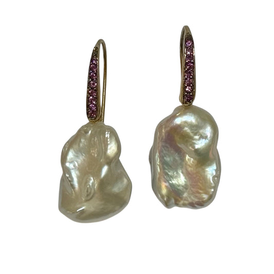 Earrings - Echoes of the Sea Baroque Pearl Drops, Rhodolite Garnet, Yellow Finish