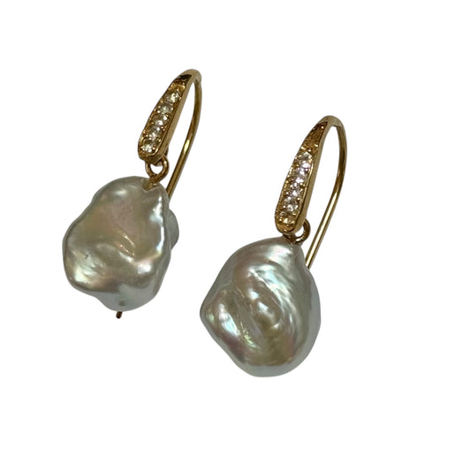 Earrings - Echoes of the Sea Medium Baroque Pearl, Blue Topaz, Yellow Gold Finish