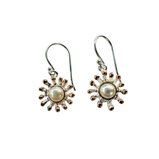 Earrings - Anemone, White Pearl with Rose Gold Drops