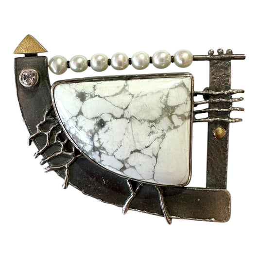 Brooch -  Howlite, Cubic Zirconia and Freshwater Pearls