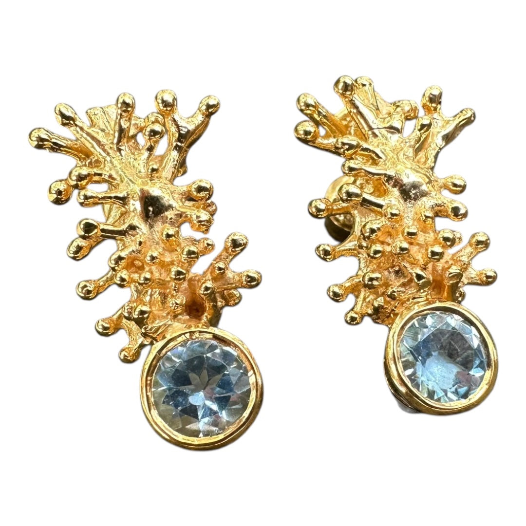 Earrings, Anemone, Yellow Gold Finish, Blue Topaz