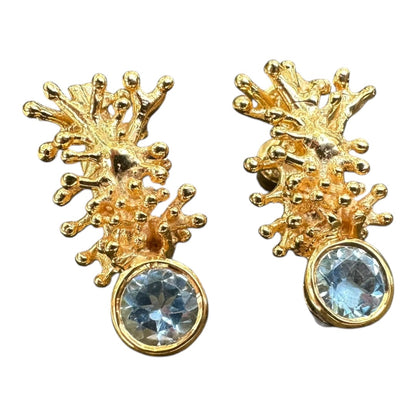 Earrings, Anemone, Yellow Gold Finish, Blue Topaz
