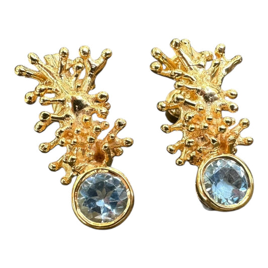 Earrings, Anemone, Yellow Gold Finish, Blue Topaz