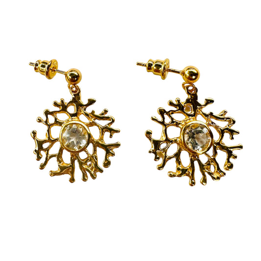 Earrings - Fan of the Sea with Yellow Gold finish and White Topaz