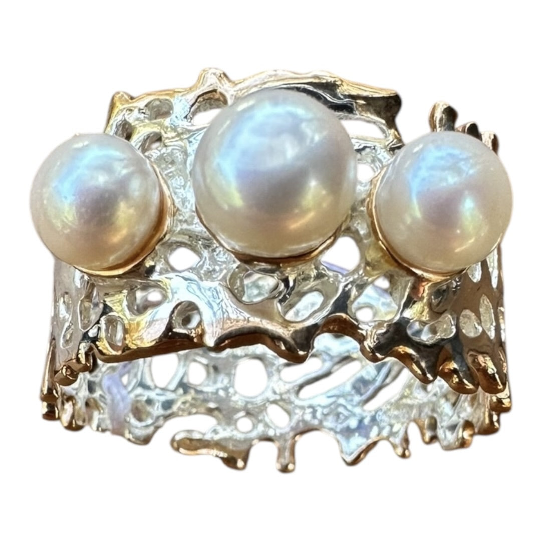 Ring, Fan of the Sea, Rose Gold Accents, 3 Pearls