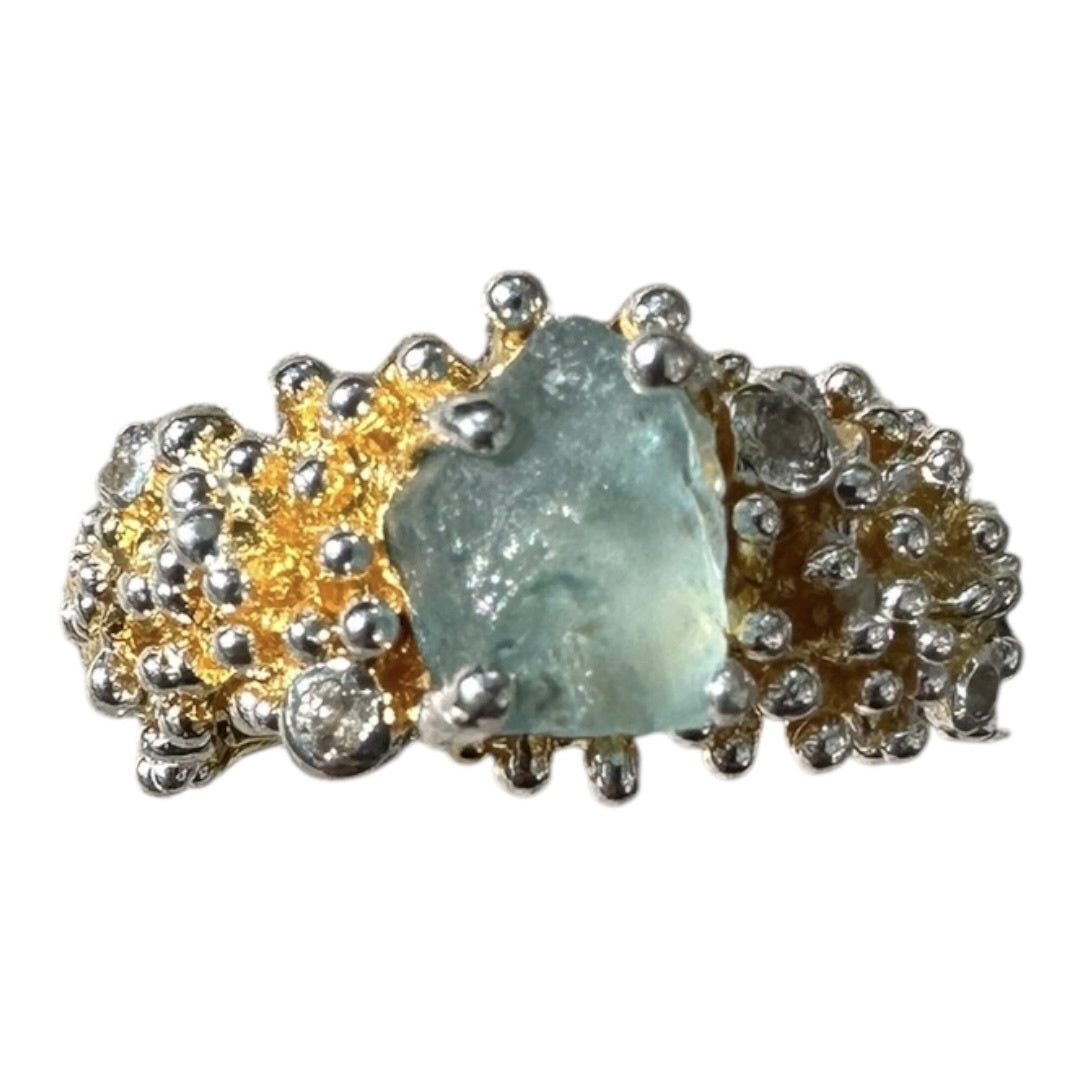 Ring, Anemone, Yellow Gold Finish and Silver Accents, Aquamarine, Topaz