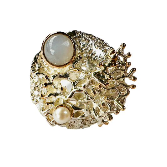 Ring - Coral Garden with Blue Chalcedony and Freshwater Pearl