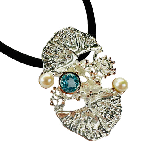 Pendant - Coral Garden with 2 Freshwater Pearls and Blue Topaz