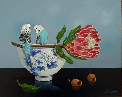 Protea, Bowl and Budgies