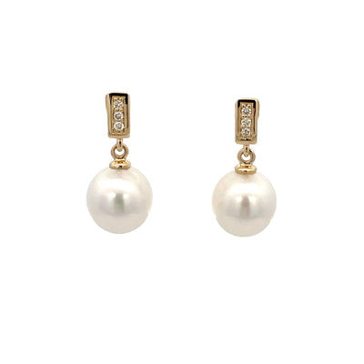 Earrings - 9-10mm Australian South Sea Cultured Pearl with 6 Diamonds at 0.06ct, 9ktYellow Gold Drops
