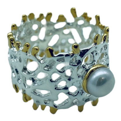 Ring - Fan of the Sea, Sterling Silver, Yellow Gold Accents,  Freshwater Pearl