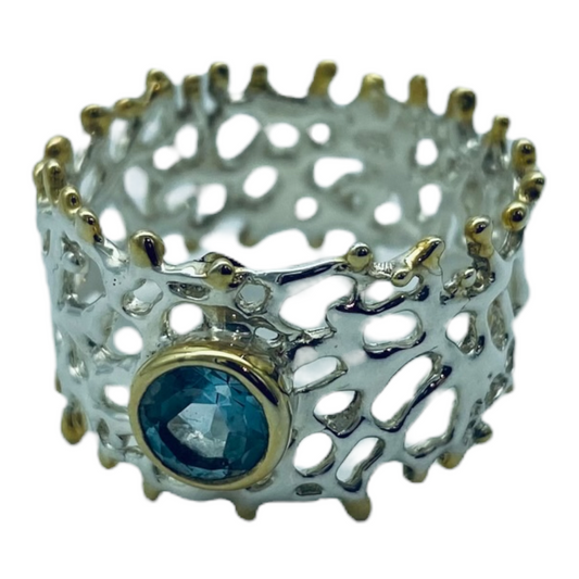 Ring - Fan of the Sea, Sterling Silver, Yellow Gold Accents, Topaz