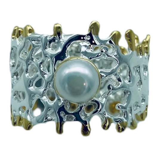Ring - Fan of the Sea, Sterling Silver, Yellow Gold Accents,  Freshwater Pearl