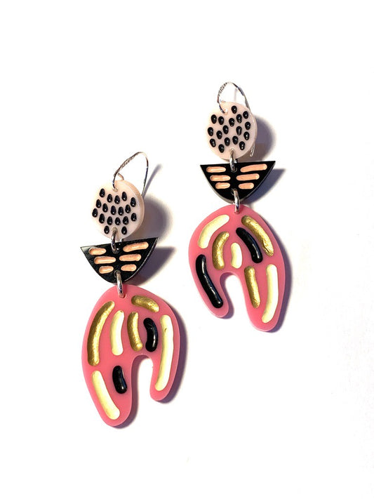 Earrings, Large, Pink and Black