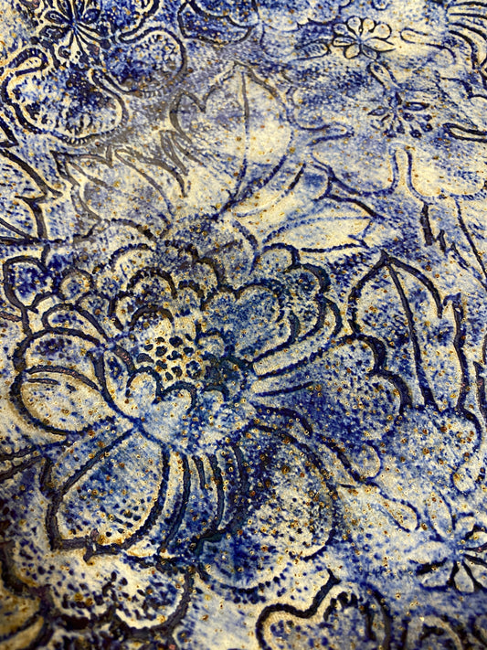 Large Peony Impressed Platter Cobalt Blue Oxide Wash