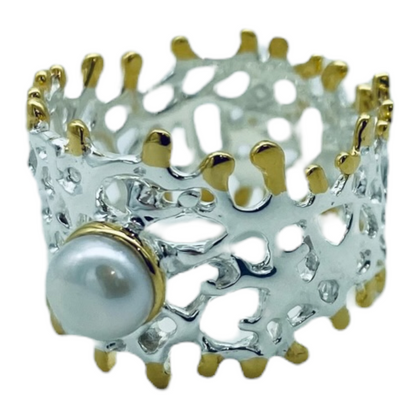 Ring - Fan of the Sea, Sterling Silver, Yellow Gold Accents,  Freshwater Pearl