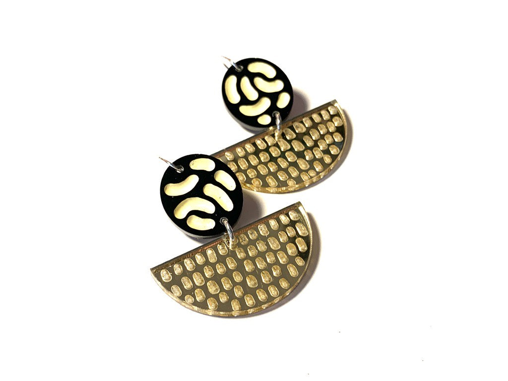 Earrings, Large, Black, Silver and Yellow