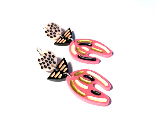 Earrings, Large, Pink and Black