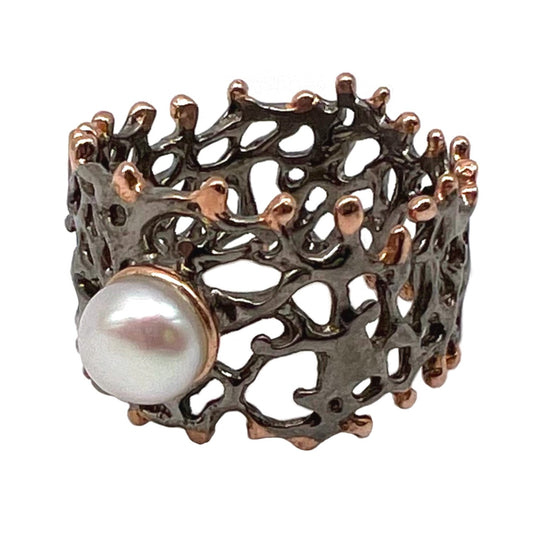 Ring - Fan of the Sea, Rhodium, White Pearl and Rose Gold Accents