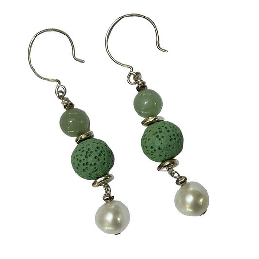 Earrings - Freshwater Pearls and Light Green Calcite and Lava Stone