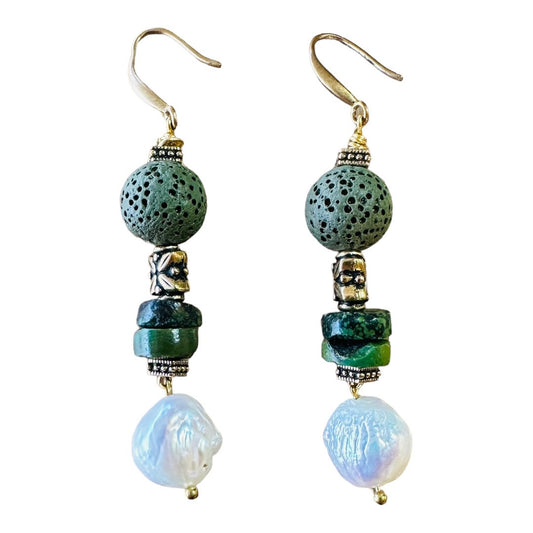 Earrings - Edison Pearls and Dark Green Turquoise with Lava Stone