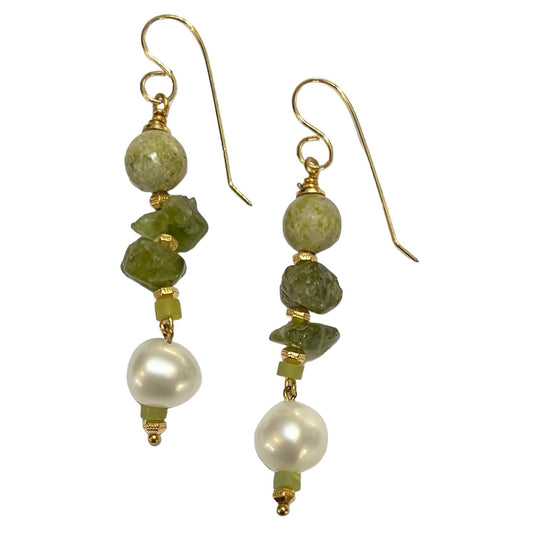 Earrings - Freshwater Pearls, Natural Peridot and Light Green Serpentine