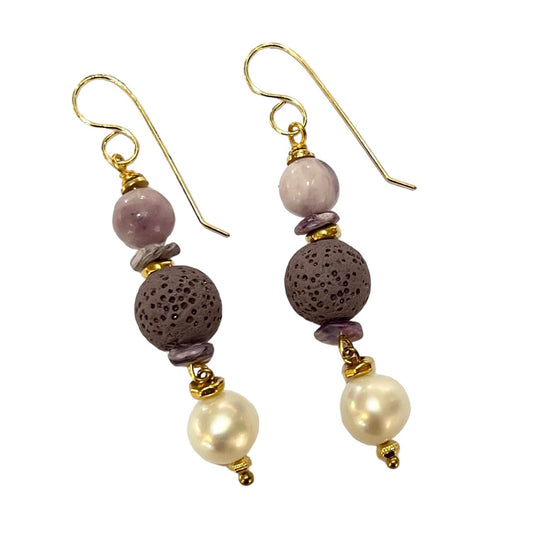 Earrings - Freshwater Pearls, Lepidolite and Lava Stone Beads