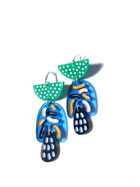 Earrings, Large, Green, Blue and Navy