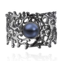 Ring, Fan of the Sea, Rhodium, Black Pearl