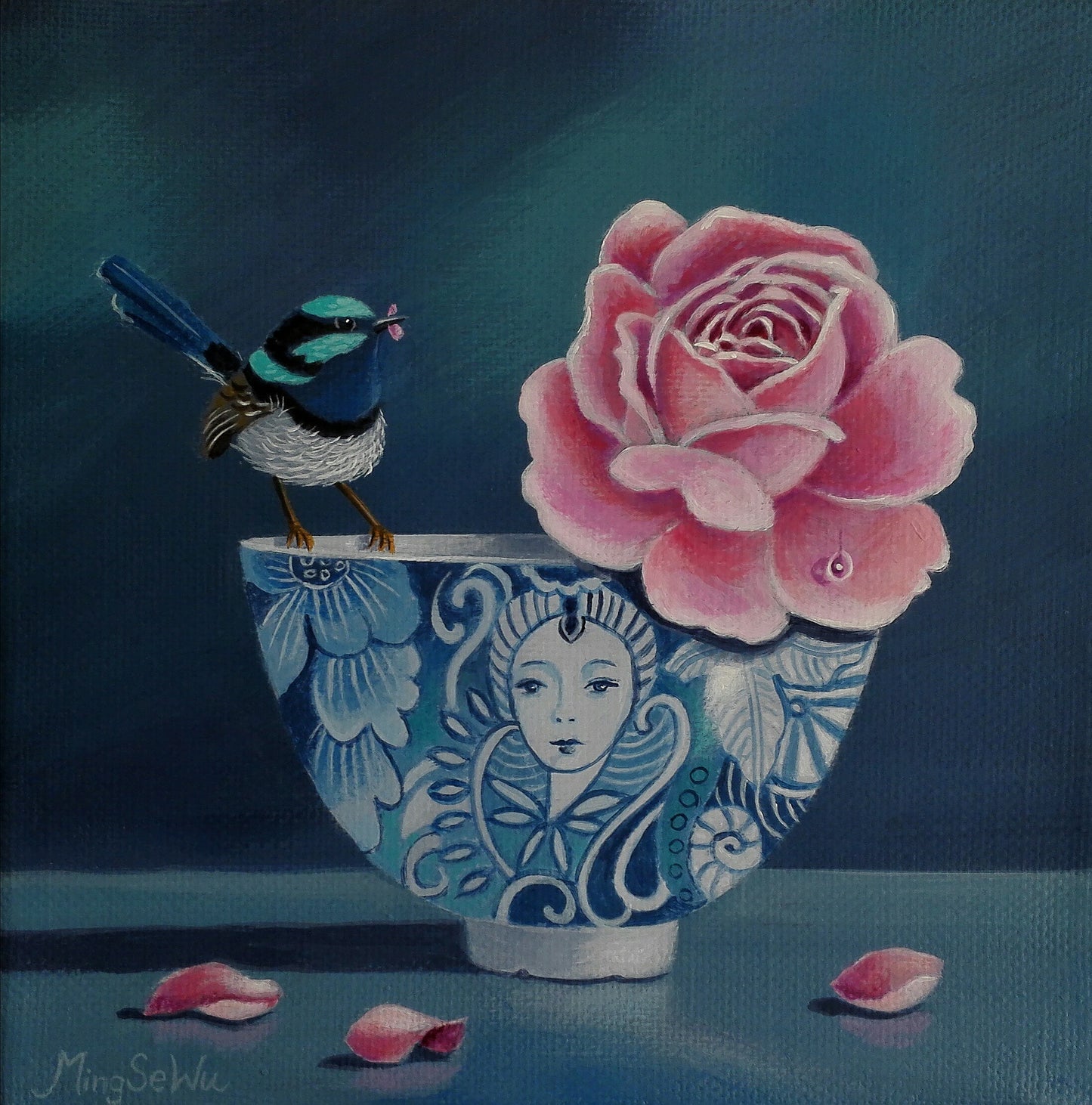 Blue Wren and Rose