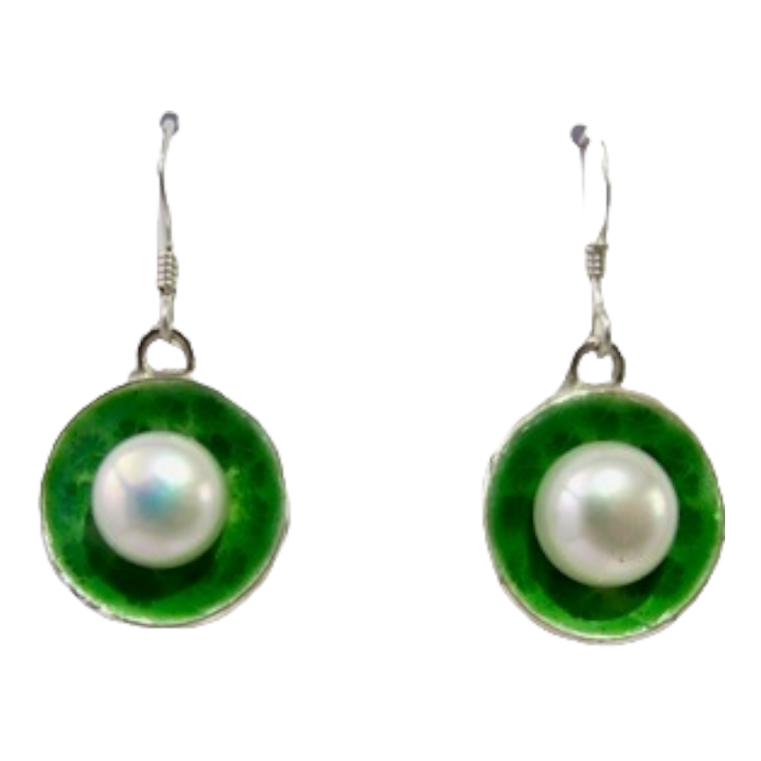 Earrings - Green Enamel with Pearls