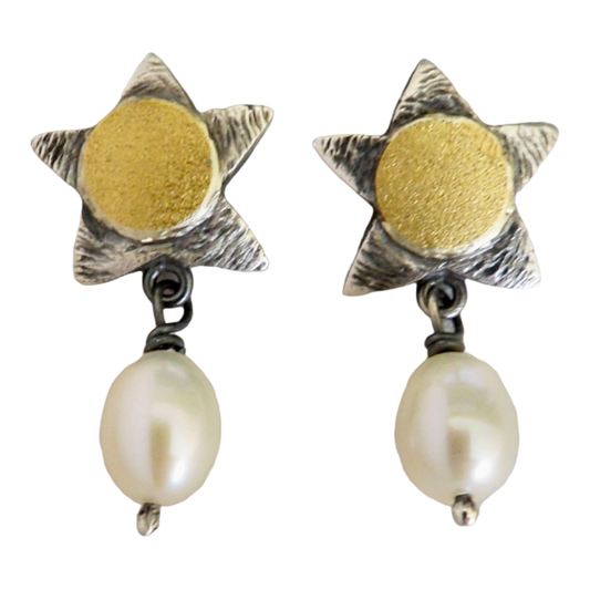 Earrings, Sun Stars with Freshwater Pearls